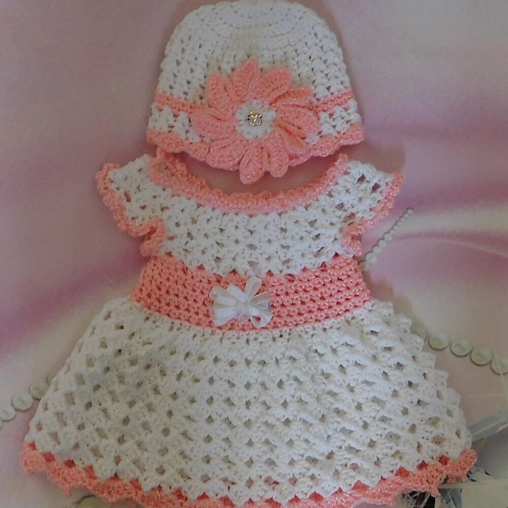 Crochet Baby Dress Handmade, Fits 0-3 Month, Baby Shower Gift, Pink Daisy Dress